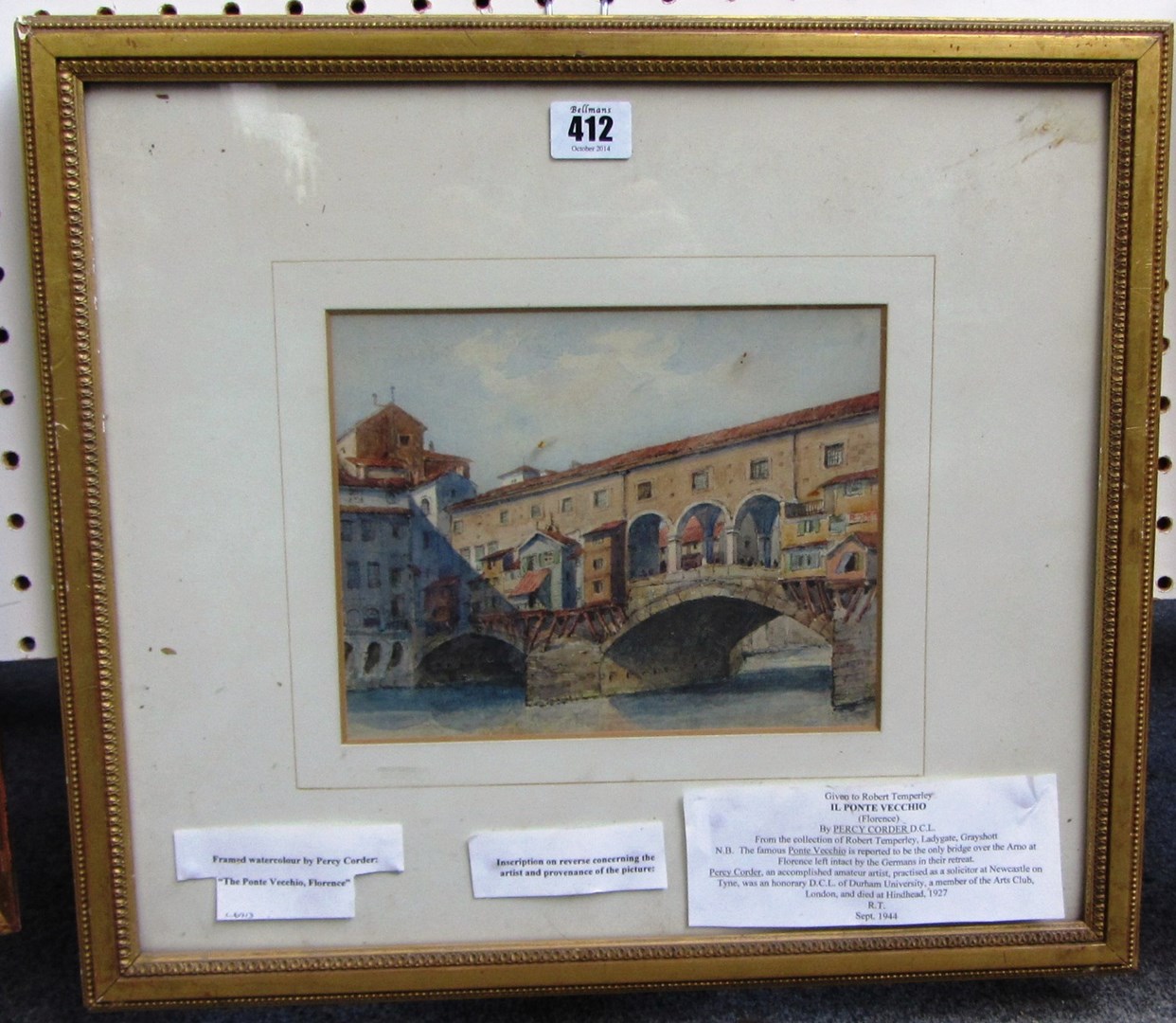 Appraisal: Percy Corder d The Ponte Vecchio Florence watercolour cm x