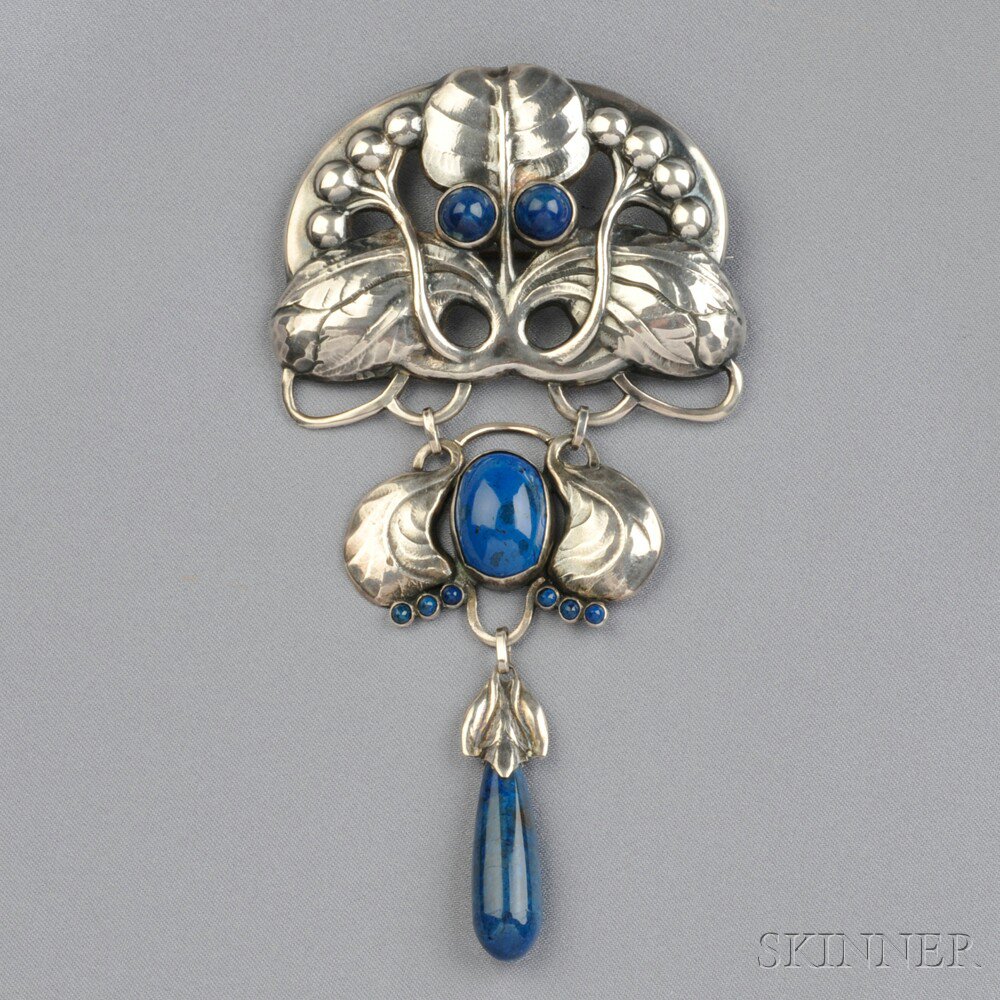 Appraisal: Skonvirke Silver and Hardstone Brooch the large brooch with foliate