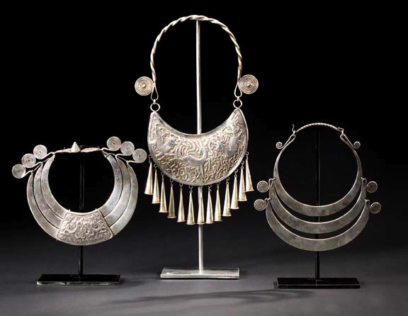 Appraisal: Nepalese Nickel-Silver Tribal Breastplate Necklace composed of three parallel engraved