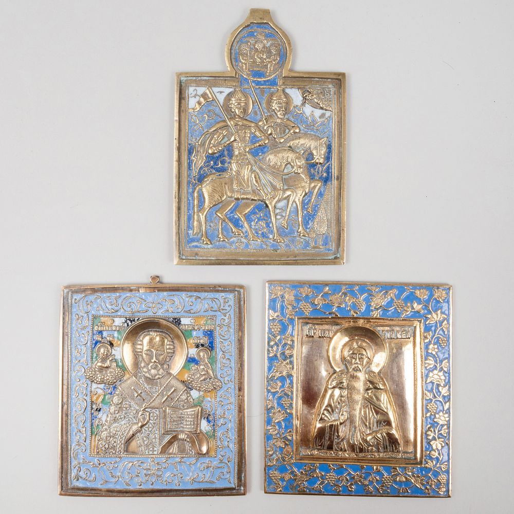 Appraisal: Group of Three Russian Brass and Enamel Icons Comprising A