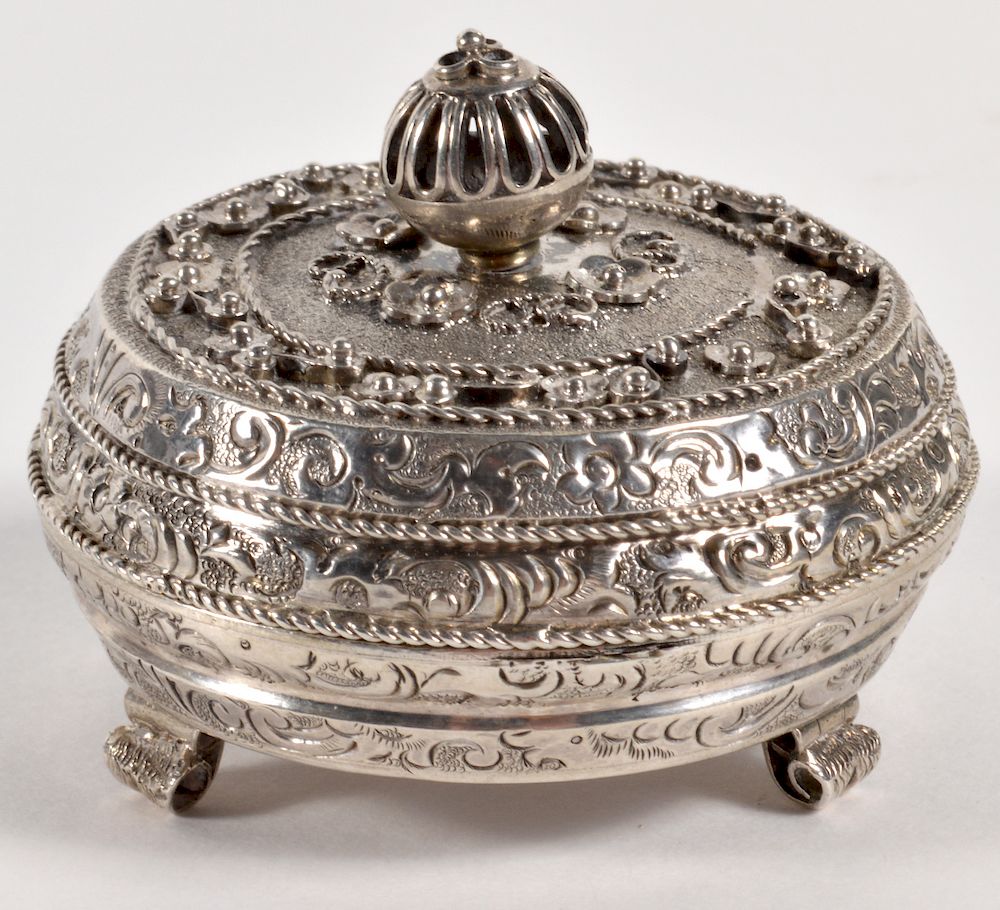 Appraisal: Silver Spice Box Vinaigrette High Relief Design Round spice box