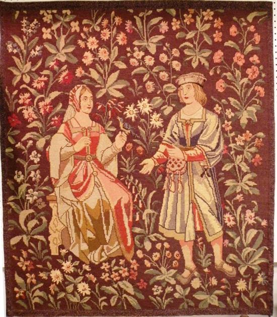 Appraisal: Needlepoint tapestry depiction of medieval man and woman with polychrome