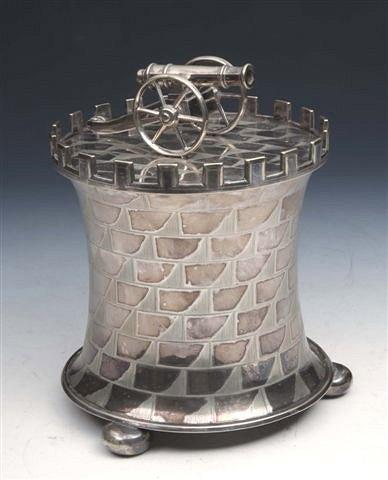 Appraisal: A SILVER BISCUIT BARREL in the form of a turret