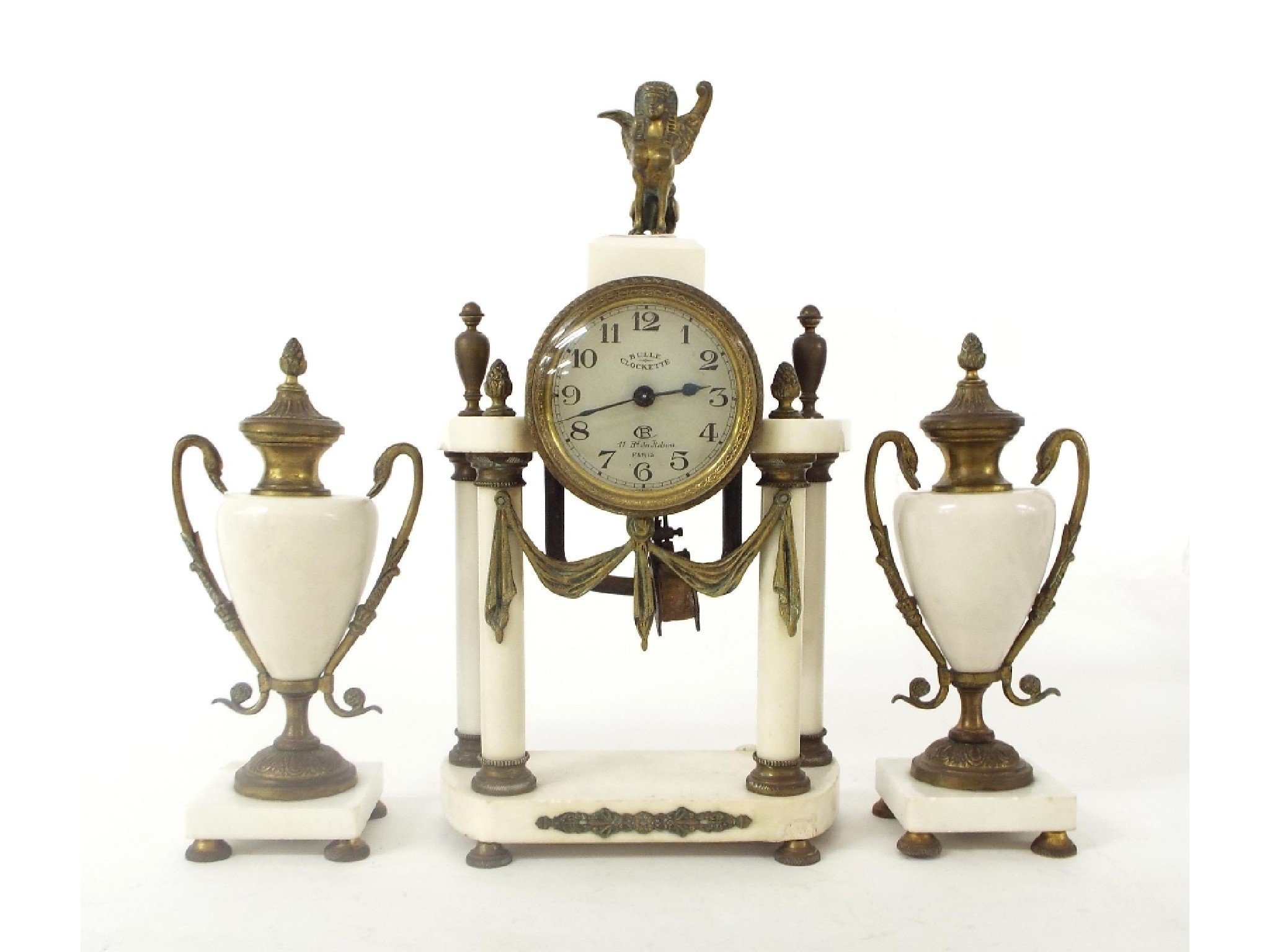 Appraisal: Bulle Clockette white marble and brass mounted electric clock garniture