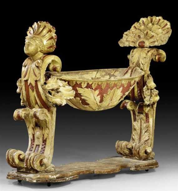 Appraisal: LARGE PAINTED CRADLE Louis XV Venice th century Richly carved