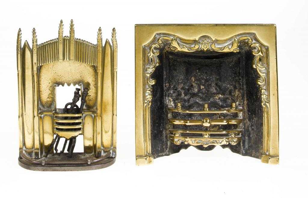 Appraisal: TWO VICTORIAN CAST BRASS AND IRON MINIATURE CHIMNEYPIECES AND FIRE