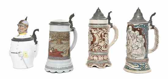 Appraisal: Three German Pottery Music Box Steins each liter one Mettlach