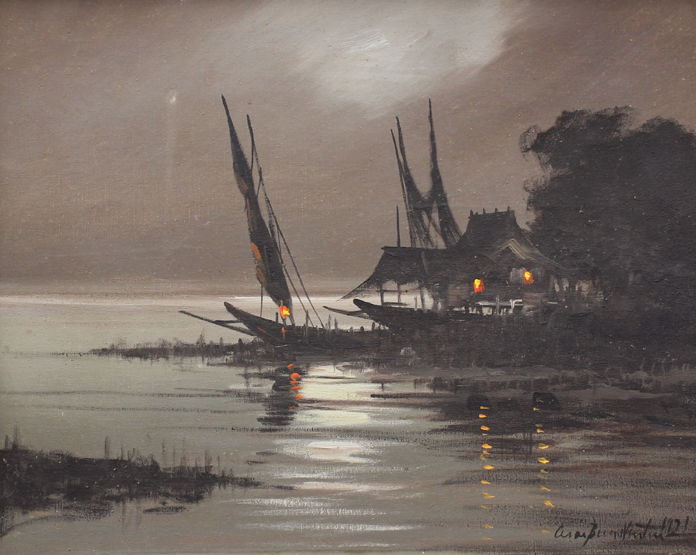 Appraisal: BUENAVENTURA Cesar Filipino - Nocturnal Shoreline Scene with Lanterns and