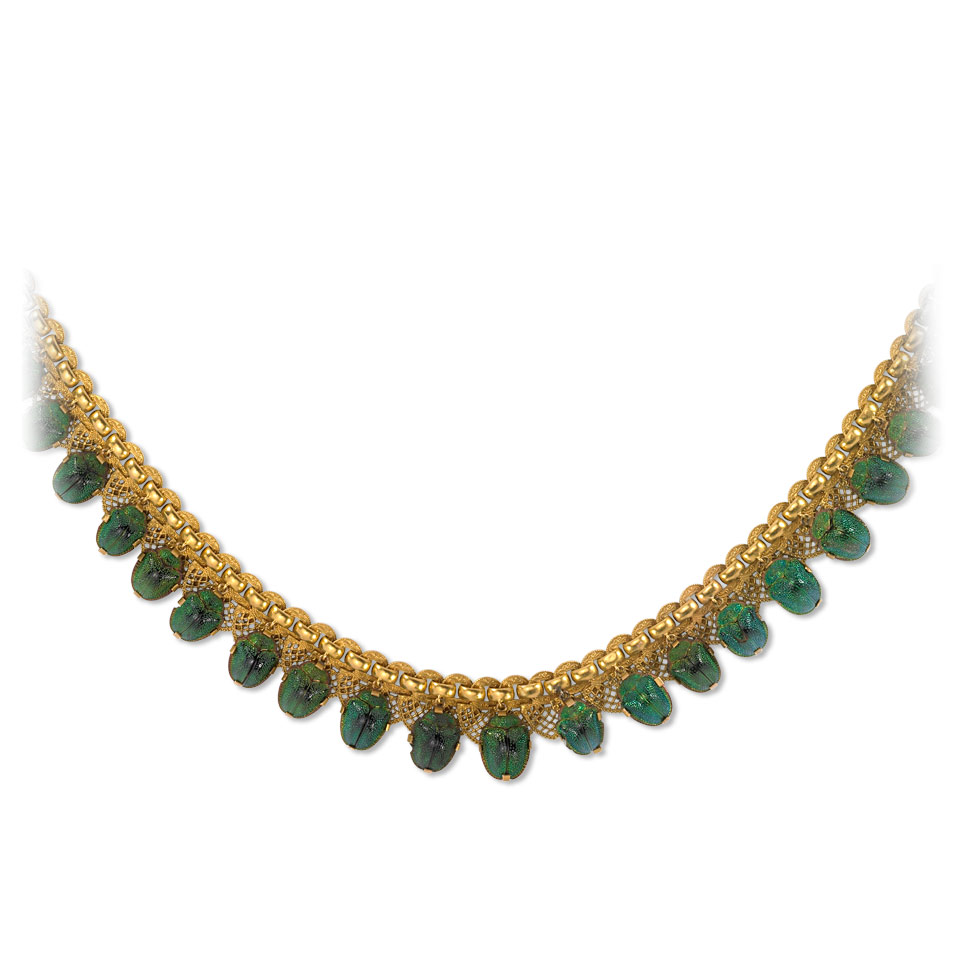 Appraisal: French k Yellow Gold Fringe Necklace suspending scarab beetles with