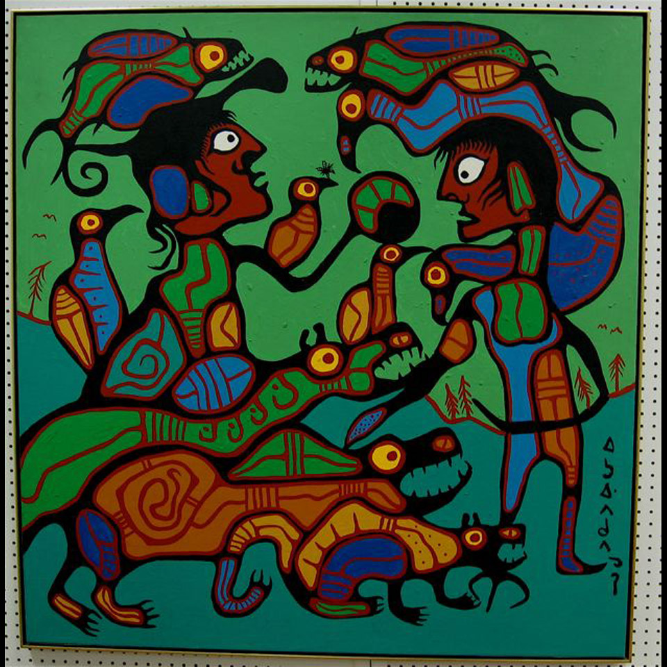 Appraisal: NORVAL MORRISSEAU - CANADIAN SHAMAN AND ANIMAL SPIRITS ACRYLIC ON