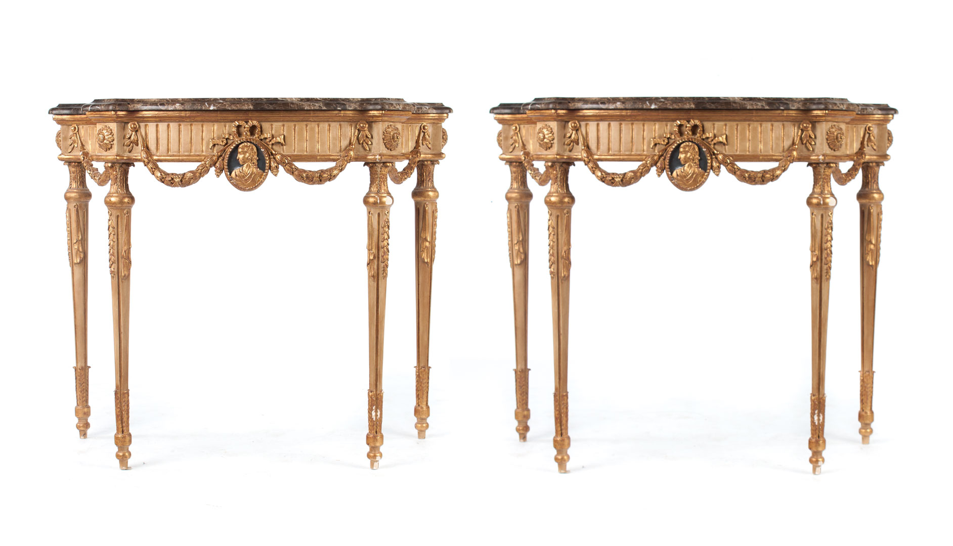 Appraisal: Pair of Louis XVI style giltwood console tables carved giltwood