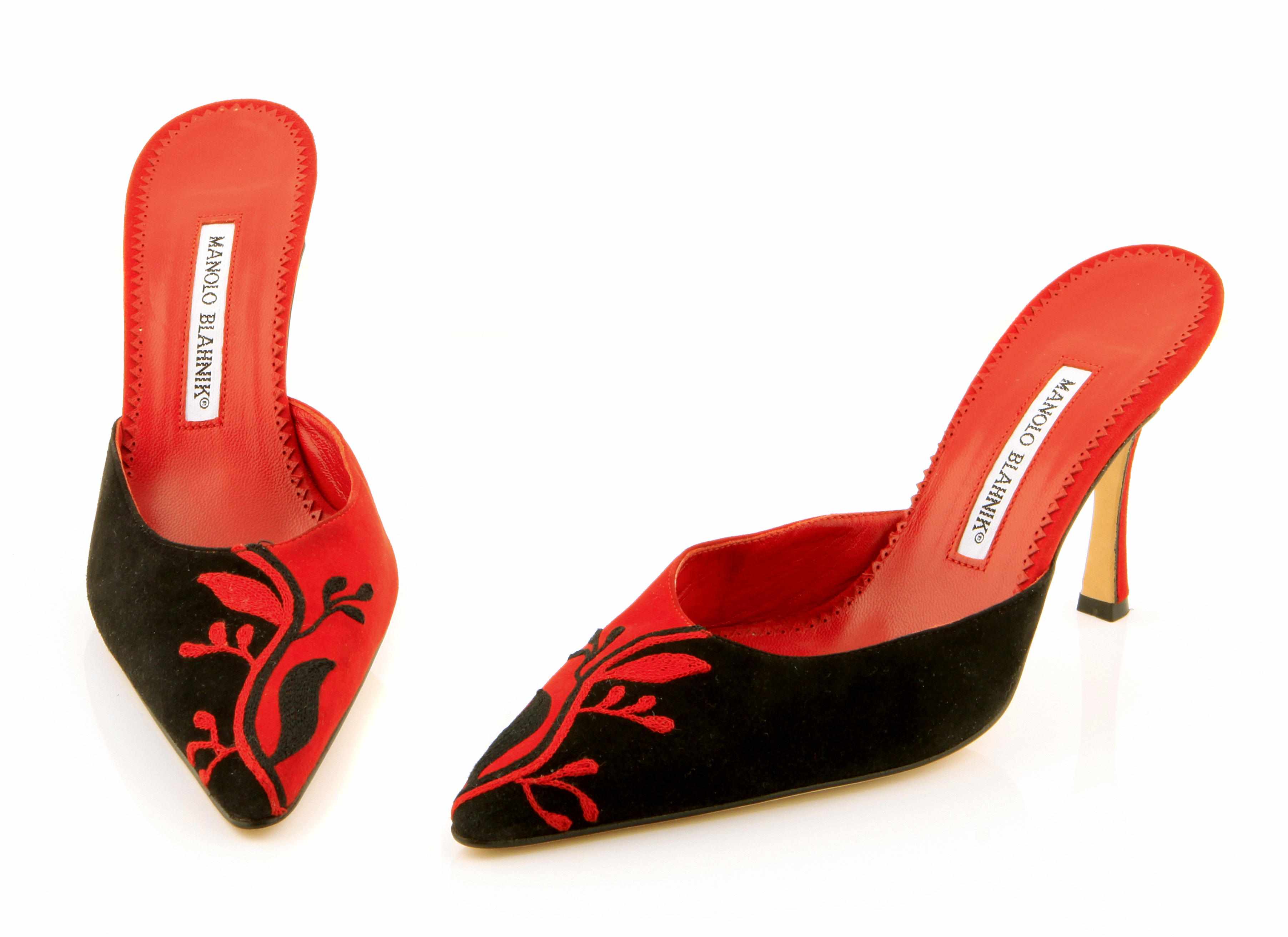 Appraisal: A pair of Manolo Blahnik embroidered red and black suede