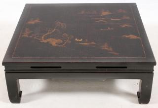 Appraisal: CHINOISORIE BLACK LACQUERED TABLE H W D A squared black