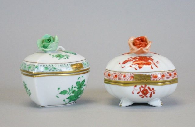 Appraisal: Herend Chinese Bouquet Boxes hand painted Herend porcelain lidded boxes