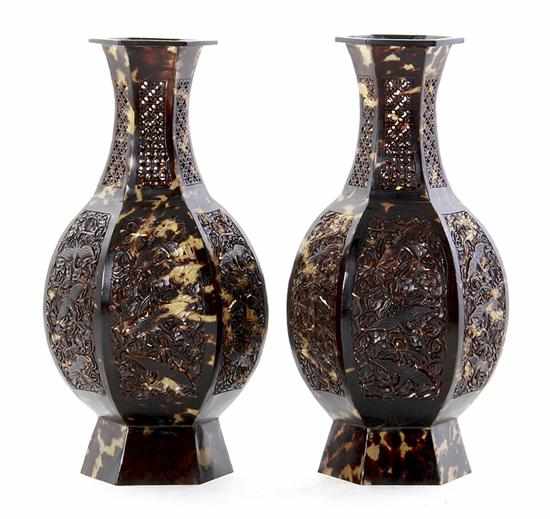 Appraisal: Unusual pair Chinese tortoiseshell decorations th century paneled vasiform with