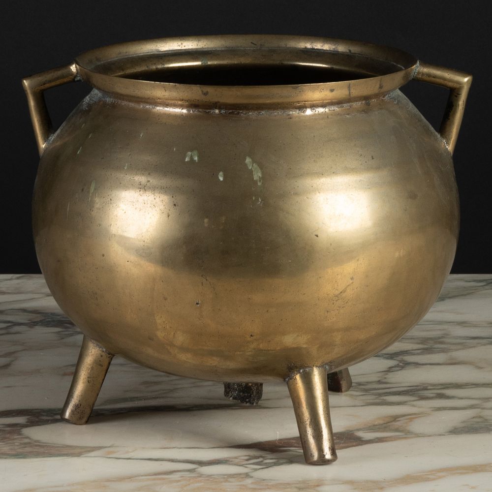 Appraisal: Continental Brass Tripod Cooking Pot x in diam European Works