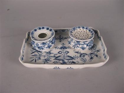 Appraisal: Meissen 'Blue Onion' porcelain inkstand Of shaped rectangular form with