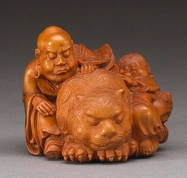 Appraisal: A boxwood figural group By Seiko Azuma Katsuro - Featuring