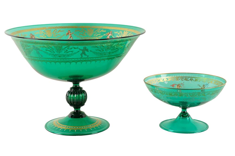 Appraisal: TWO GREEN GLASS COMPOTESeach with gilt and enamel decoration depicting