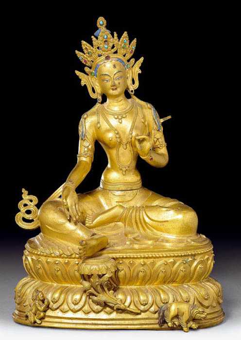 Appraisal: GREEN TARA Sino-Tibetan th th century H cm Fire-gilded bronze