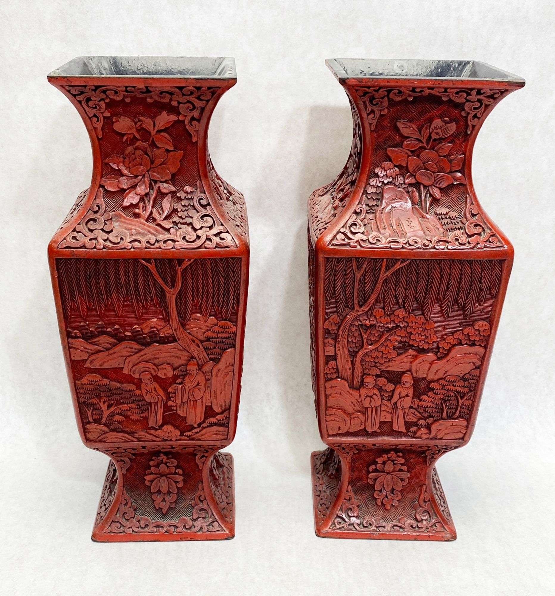 Appraisal: Pair Chinese Cinnabar Vases tall widest Condition some losses to