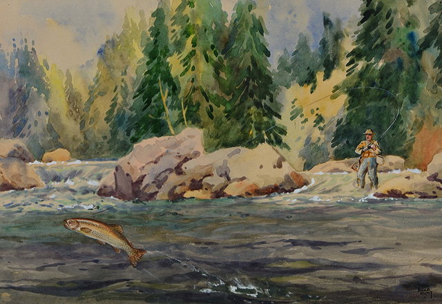 Appraisal: LYNN BOGUE HUNT - Salmon fishing signed watercolour heightened in