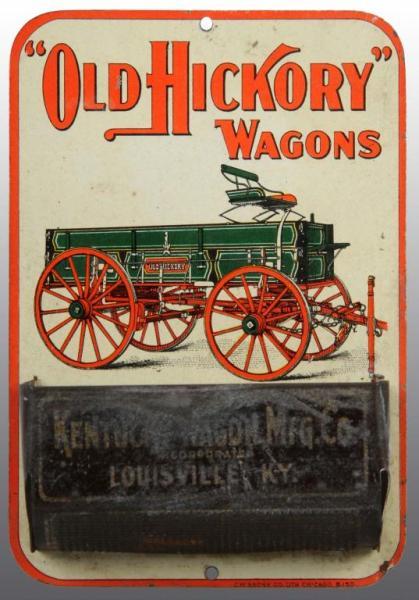 Appraisal: Tin Old Hickory Wagons Match Holder Description Manufactured by Chas