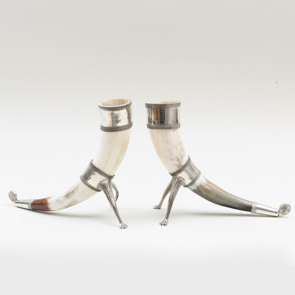 Appraisal: Pair of Norweigan Pewter-Mounted Drinking Horns in long Condition Minor