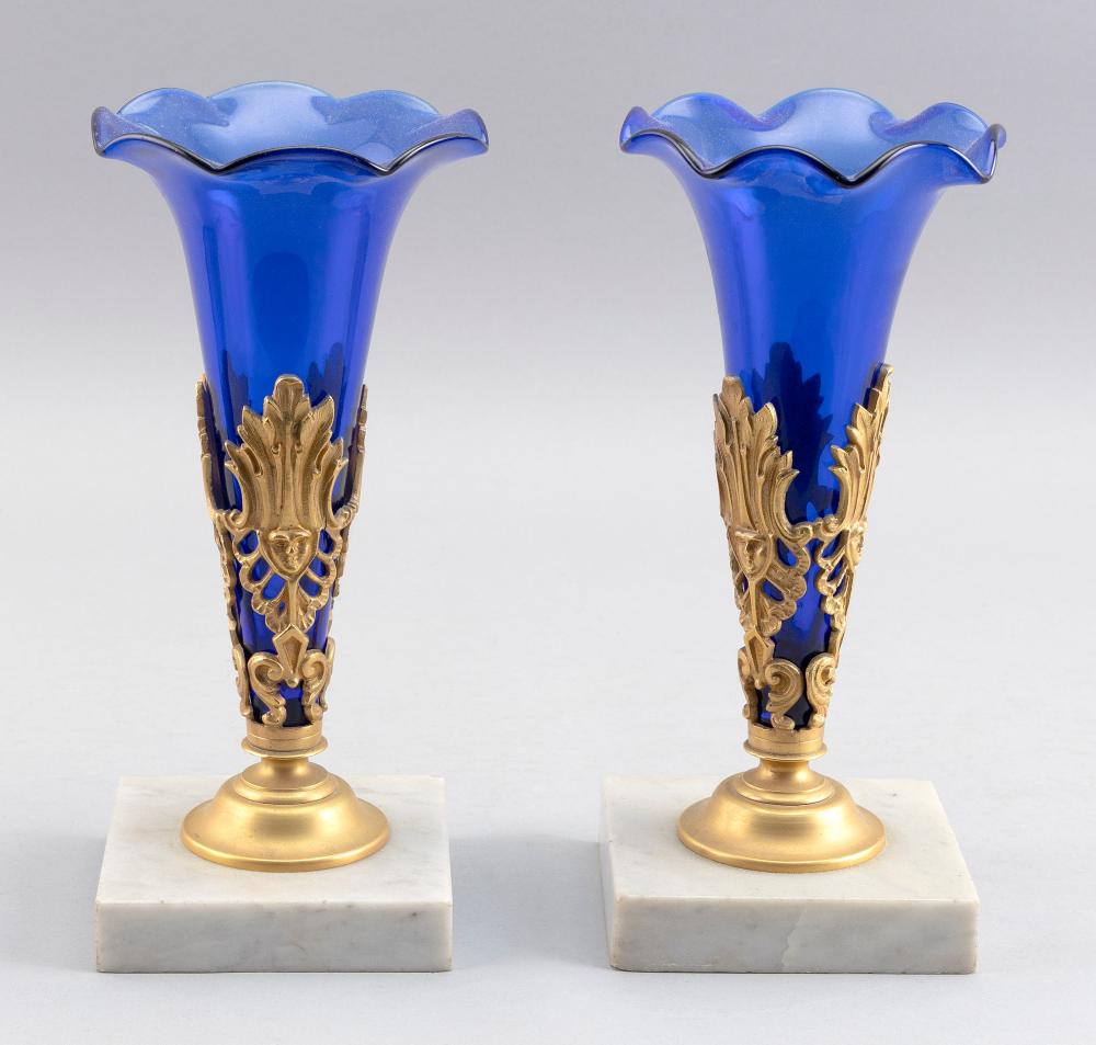 Appraisal: PAIR OF COBALT BLUE GLASS AND GILT MANTEL VASES MID-