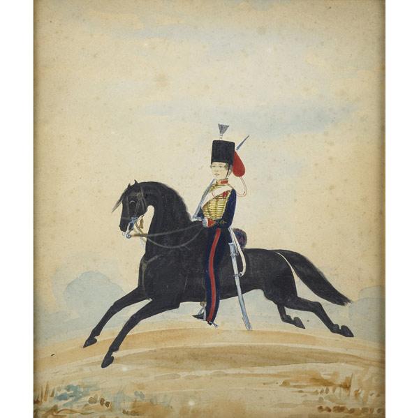 Appraisal: WATERCOLOR PORTRAIT Rider in military attire astride a prancing horse