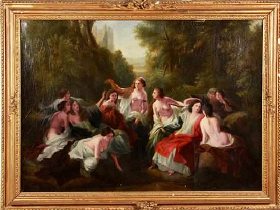 Appraisal: Continental school th century BATHING BEAUTIES oil on canvas framed