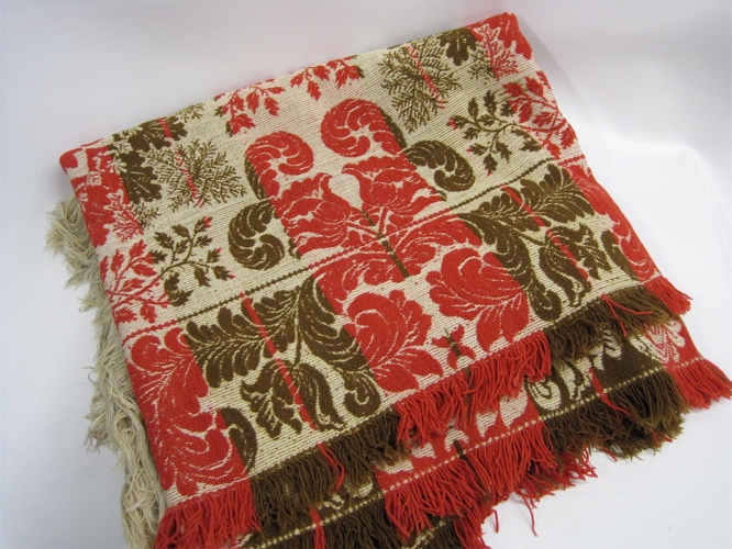 Appraisal: AMERICAN JACQUARD COVERLET red and brown on ivory ground modified