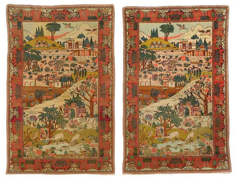 Appraisal: Near Pair Kerman Pictorial Rugs Persian both with matching landscape