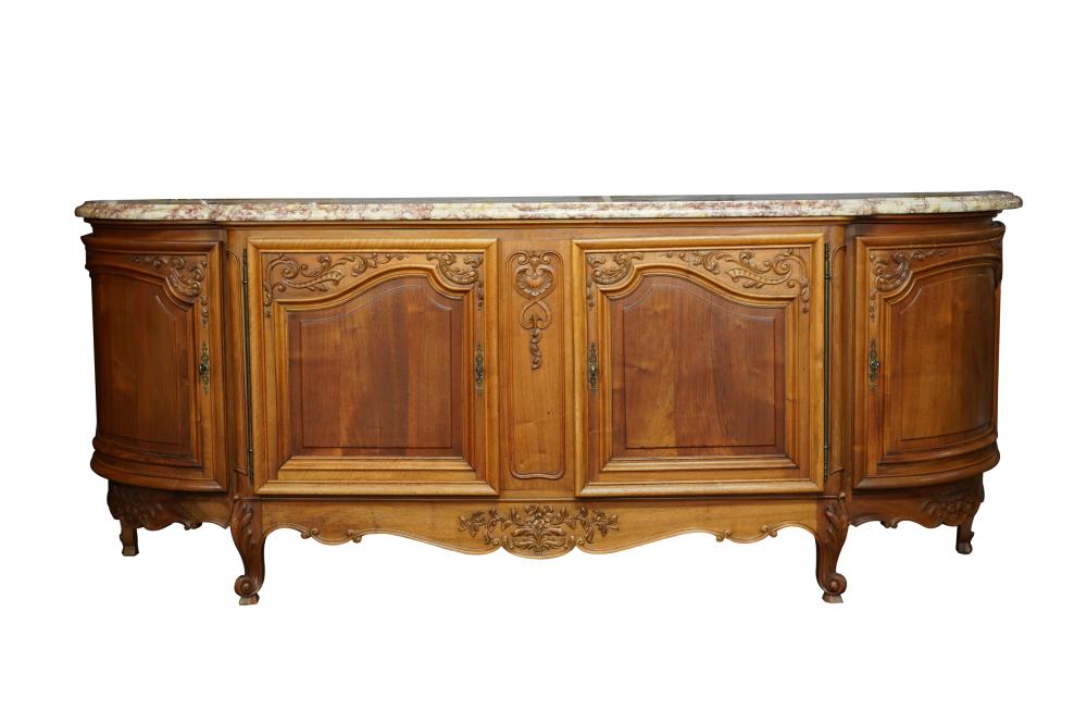 Appraisal: FRENCH PROVINCIAL-STYLE CARVED BUFFET th century with violet-veined marble top