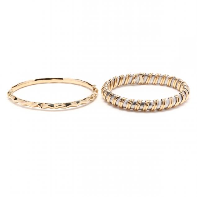 Appraisal: Two Gold Bangle Bracelets The first a a bi-color flexible