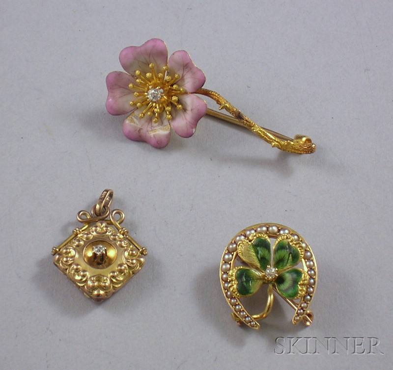 Appraisal: Three Gold and Diamond Jewelry Items two enameled brooches and