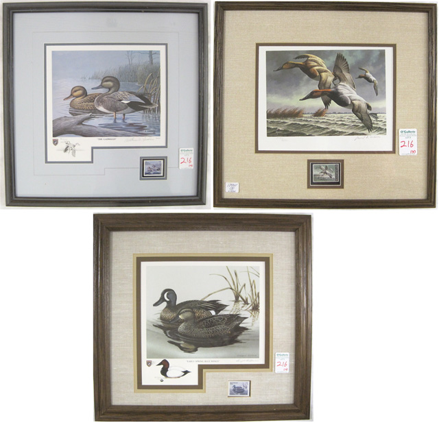 Appraisal: THREE AND FEDERAL DUCK STAMPS AND COLOR PRINTS Canvasbacks Blue-Winged