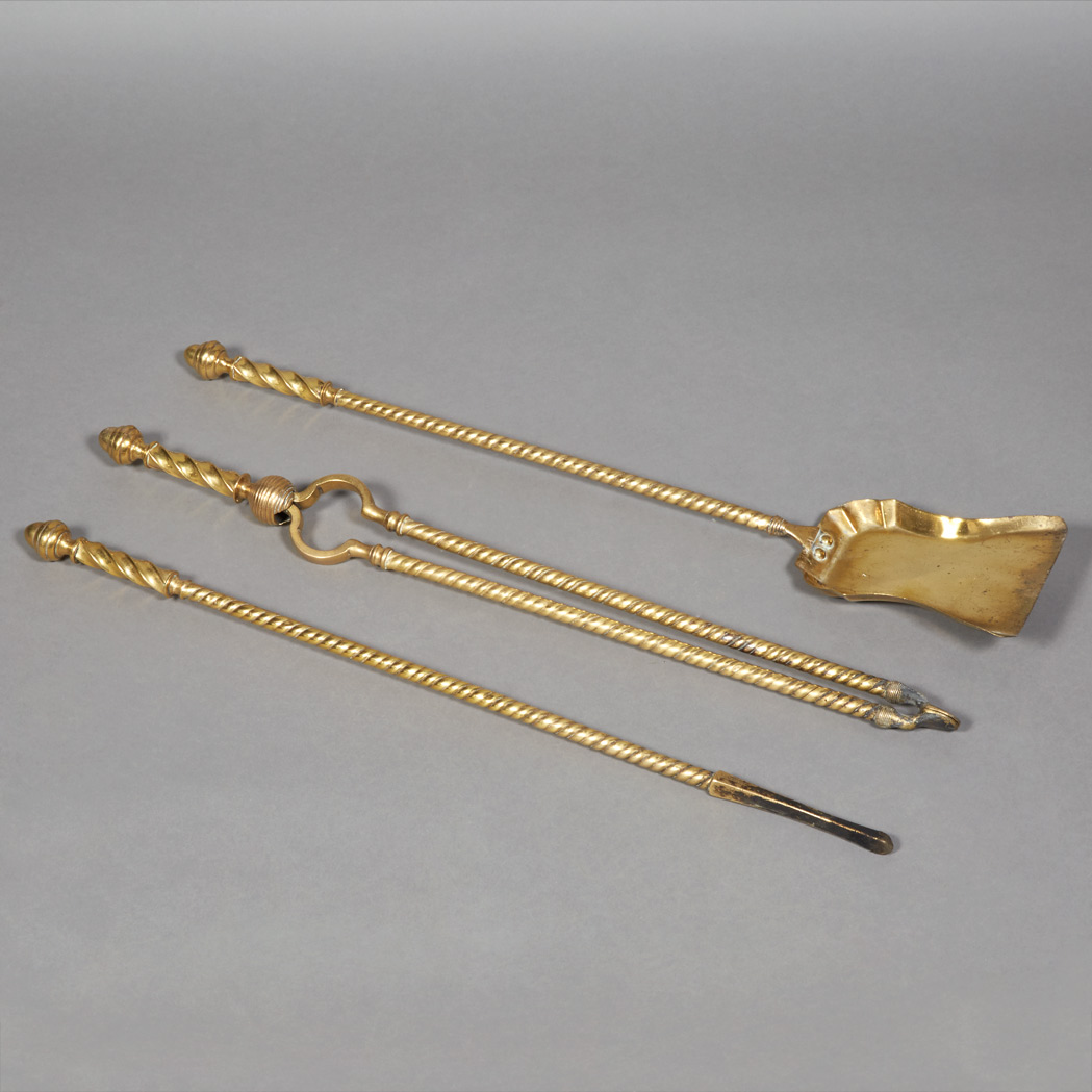 Appraisal: Set of Three Brass Fire Tools Comprising a shovel tongs