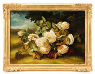 Appraisal: White Roses Oil on Canvas th C Chelsea House American