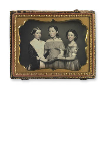 Appraisal: UNIDENTIFIED PHOTOGRAPHER Quarter-plate daguerreotype of three young ladies affectionately posing