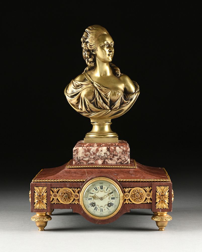 Appraisal: A LOUIS XVI STYLE ROUGE MARBLE CLOCK WITH GILT BRONZE