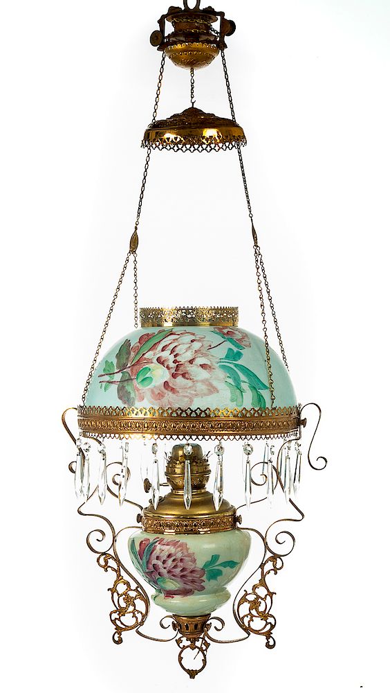 Appraisal: Hand Painted Victorian Hanging Parlor Lamp DESCRIPTION Hand painted Victorian