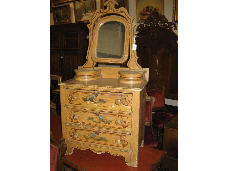 Appraisal: ANTIQUE AMERICAN CHILD DRESSER WITH MIRROR Three-drawer painted decoration patent