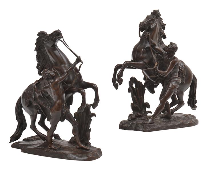 Appraisal: A PAIR OF MINIATURE BRONZE MARLEY HORSE TRAINER FIGURE GROUPS