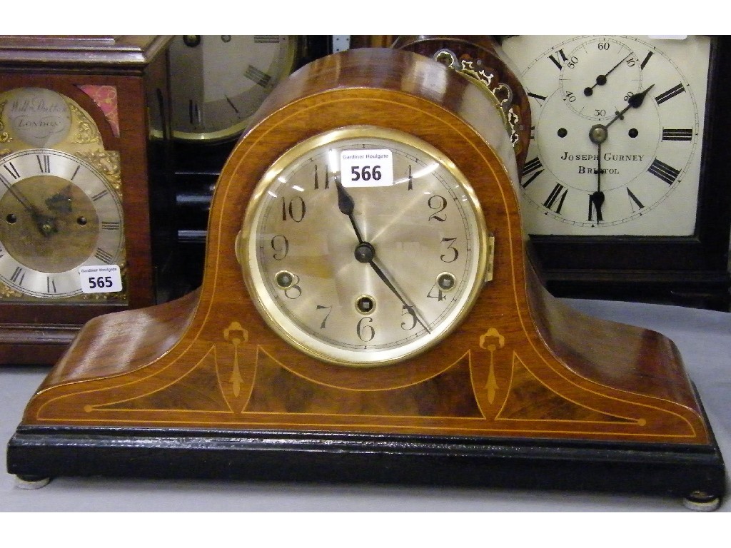 Appraisal: Mahogany Napoleon hat three train mantel clock the Fontenoy movement