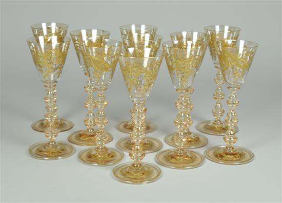 Appraisal: Eleven Long-Stemmed Goblets with Gold Filigree Trim Early to mid