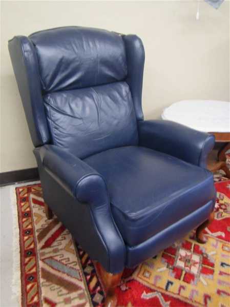 Appraisal: QUEEN ANNE STYLE BLUE LEATHER WINGBACK RECLINER Reclina-Way model by