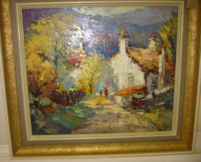 Appraisal: V BERZINI Village Scene with Figures signed on board x