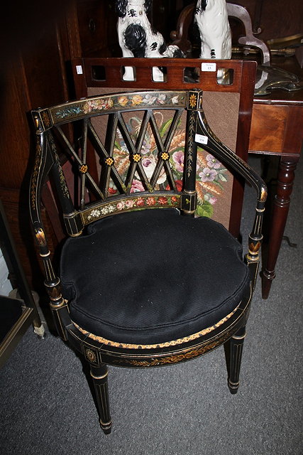 Appraisal: A REGENCY BLACK PAINTED ELBOW CHAIR with lattice back painted