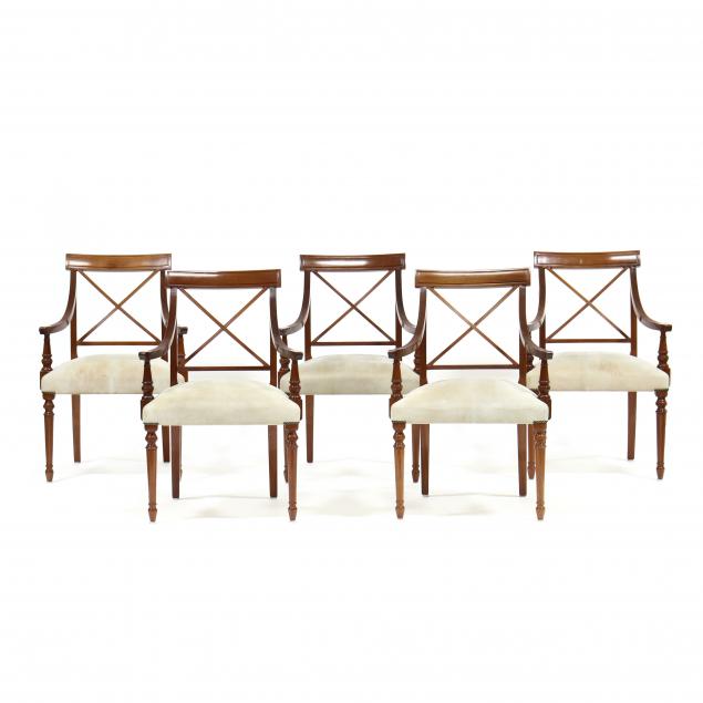 Appraisal: FIVE SHERATON STYLE MAHOGANY ARMCHAIRS Contemporary solid mahogany construction with